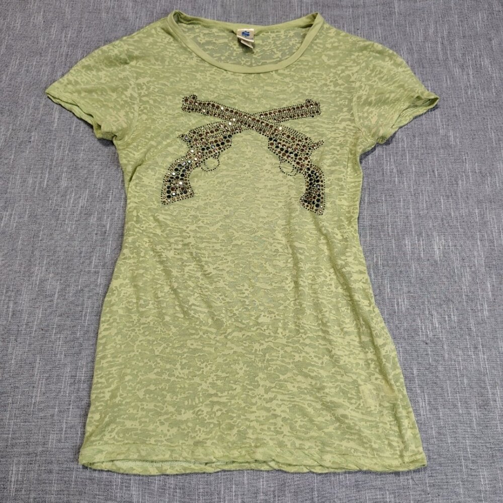 Ransom Ranch‎ T-Shirt Size Medium Green Embellished Sheer Revolver Pistols